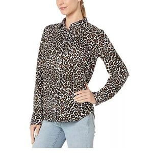 J. Crew Animal Leopard Print Linen Blend Slim Perfect Shirt Size L